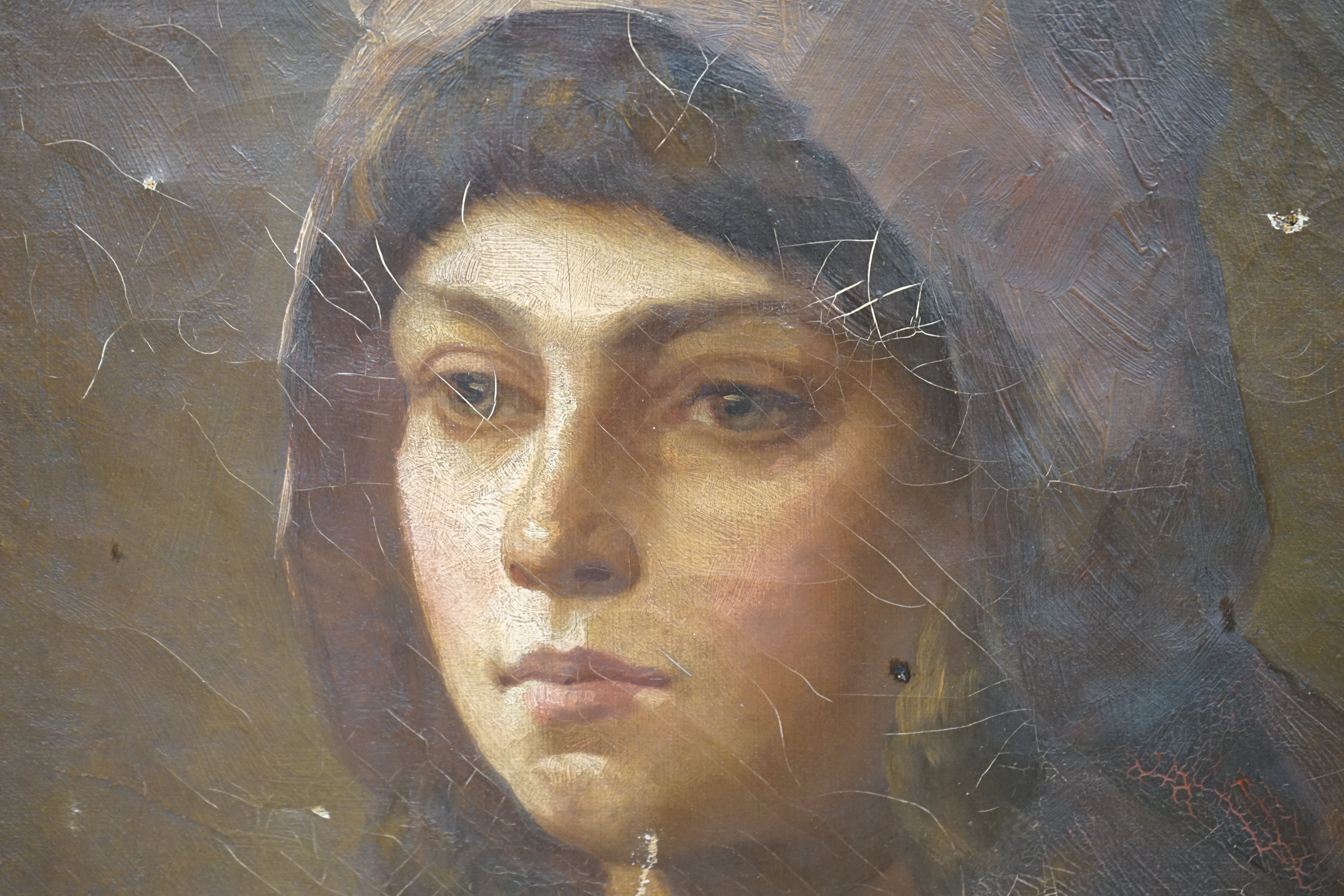 19th century School, oil on canvas, Portrait of a lady wearing a bonnet, unsigned, 50 x 39.5cm, gilt framed. Condition - poor